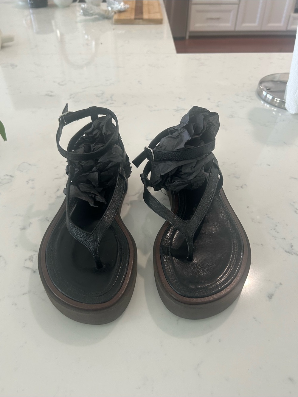 BY FAR Black Leather Platform Thong Sandals with Ankle Wrap